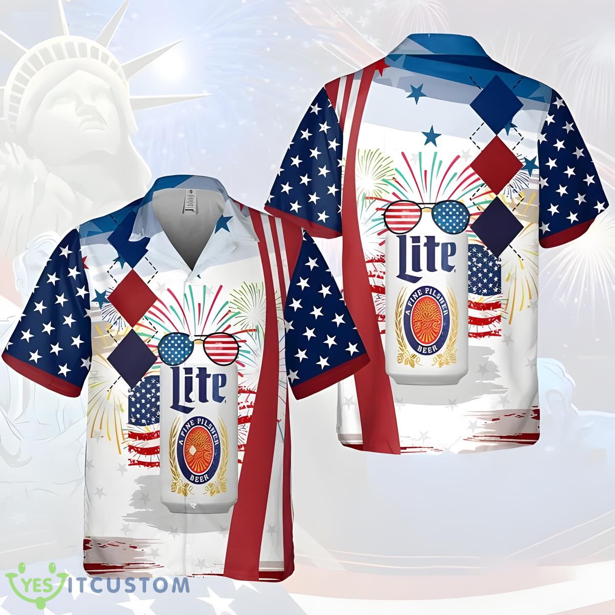 Miller Lite USA Flag Fireworks Independence Day Beer Hawaiian Shirt 2 Miller Lite USA Flag Fireworks Independence Day Beer Hawaiian Shirt - Miller Lite USA Flag Fireworks Independence Day Beer Lovers Gift Hawaiian Shirt