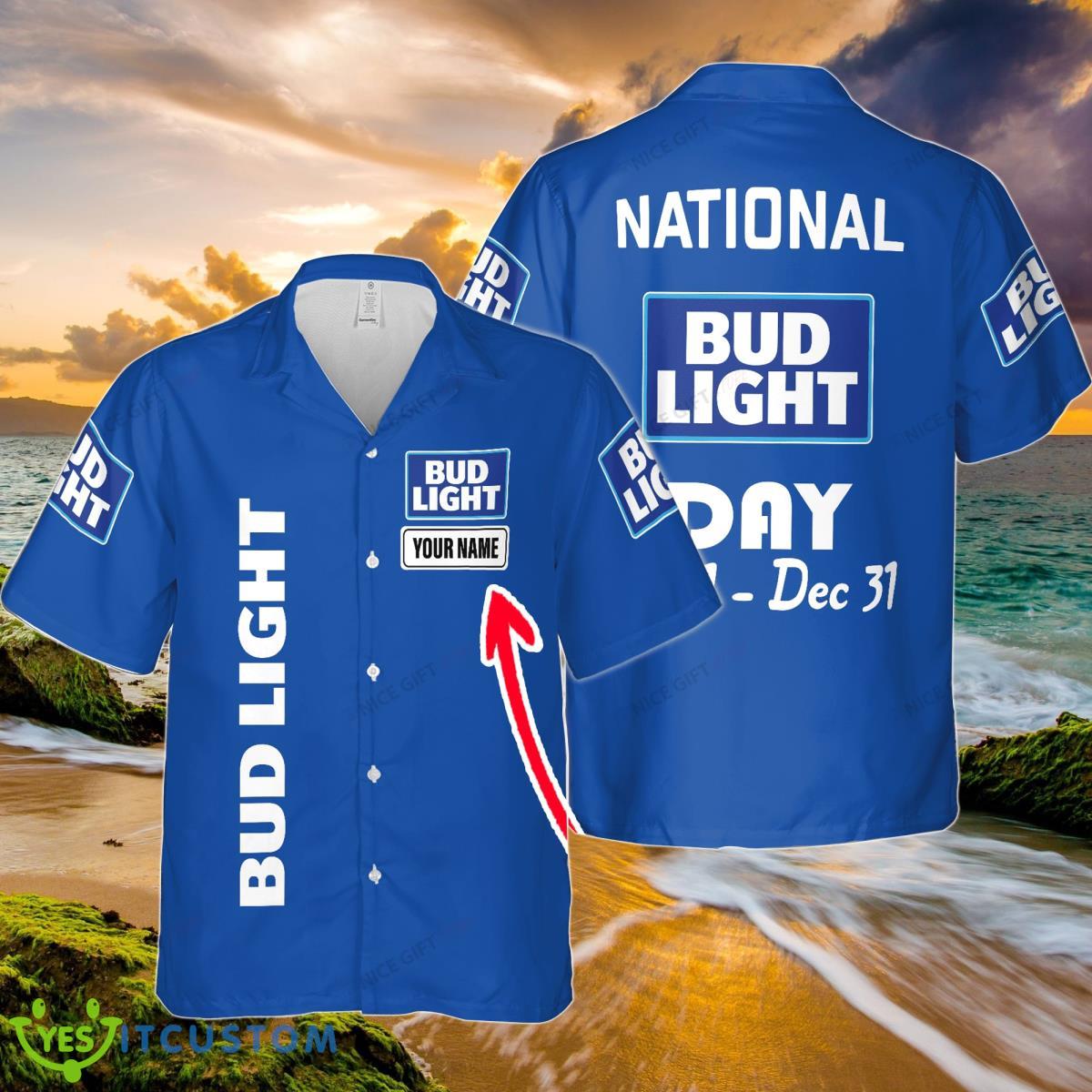 National Bud Light Day Jan 1 – Dec 31 Custom Name Hawaiian Shirt Product Photo 1