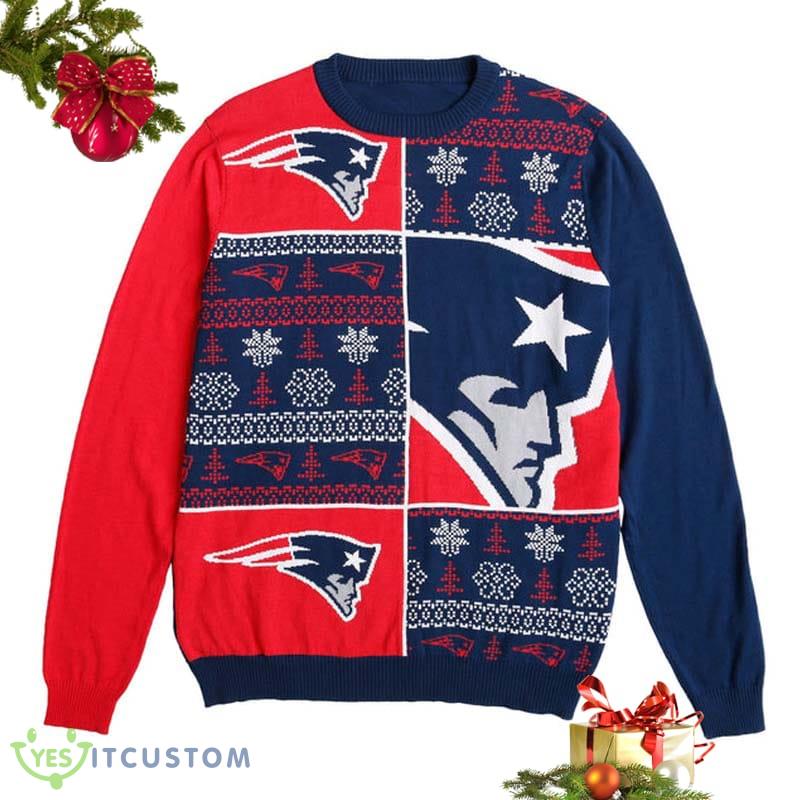 New England Patriots NFL Mens Busy Block Snowfall Ideas Funny Ugly Christmas Sweater - New England Patriots NFL Mens Busy Block Snowfall Sweater_1