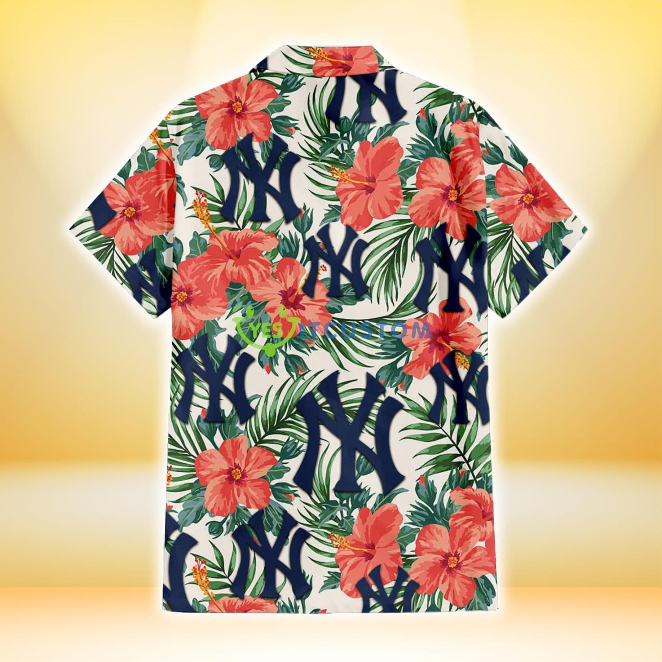 New York Yankees Coral Hibiscus Green Leaf Beige Background 3D Hawaiian Shirt Gift For Fans 3 New York Yankees Coral Hibiscus Green Leaf Beige Background 3D Hawaiian Shirt Gift For Fans Product Photo 3