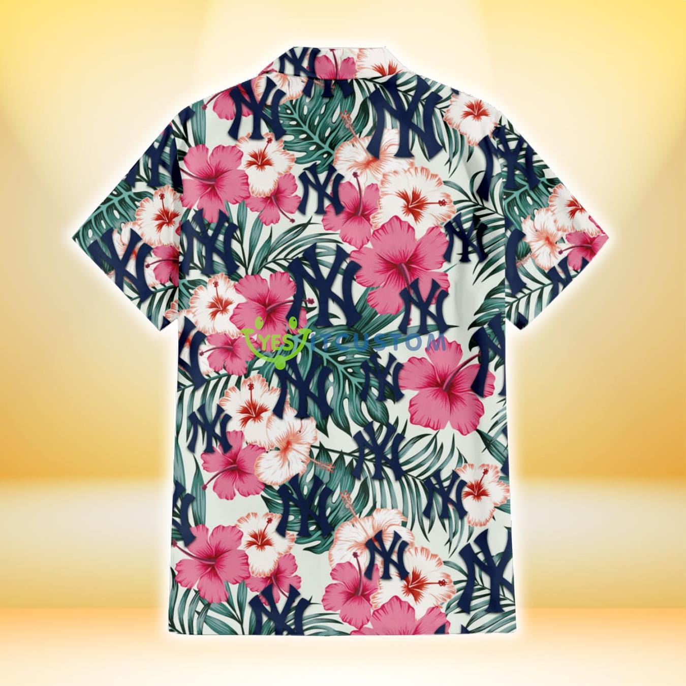 New York Yankees Coral Pink Hibiscus Green Leaf Beige Background 3D Hawaiian Shirt Gift For Fans 3 New York Yankees Coral Pink Hibiscus Green Leaf Beige Background 3D Hawaiian Shirt Gift For Fans Product Photo 3
