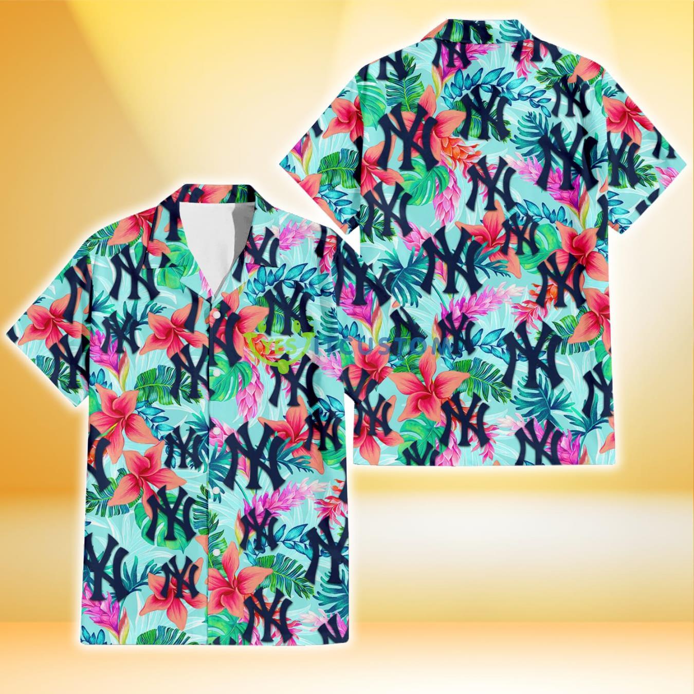 New York Yankees Coral Porcelain Flower Violet Orchid Light Blue Background 3D Hawaiian Shirt Gift For Fans Product Photo 1