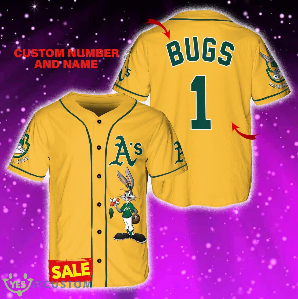 Oakland Athletics Looney Tunes Bugs Bunny Jersey Baseball Shirt Gold Custom Number And Name - Oakland Athletics Looney Tunes Bugs Bunny Baseball Jersey Gold_1