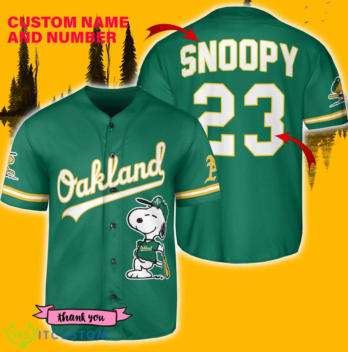 Oakland Athletics Peanuts Snoopy Baseball Jersey Shirt Green Custom