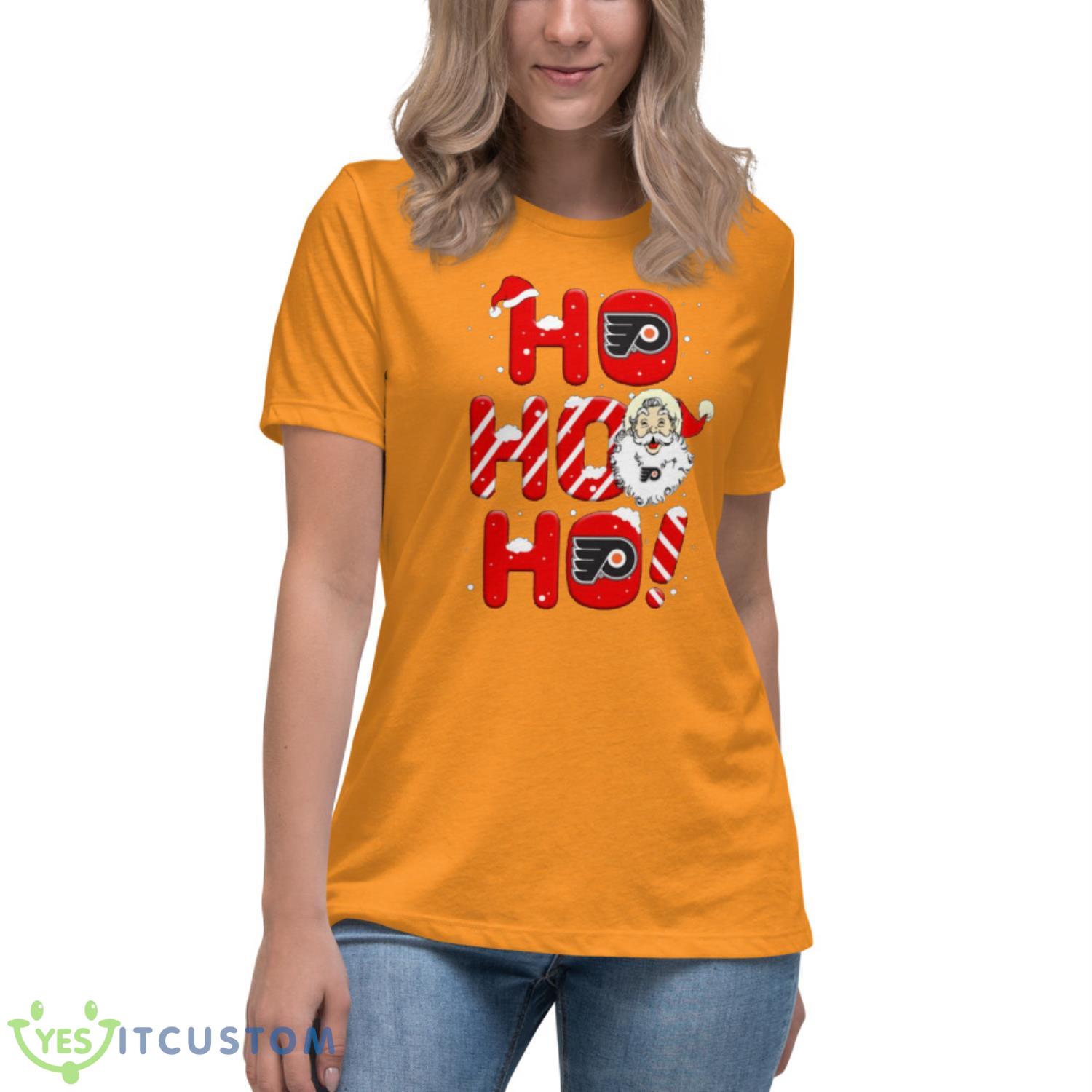 Philadelphia Flyers NHL Hockey Ho Ho Ho Santa Claus Merry Christmas Shirt T Shirt 8 Philadelphia Flyers NHL Hockey Ho Ho Ho Santa Claus Merry Christmas Shirt T Shirt - Women's Relaxed Short Sleeve Jersey Tee-1