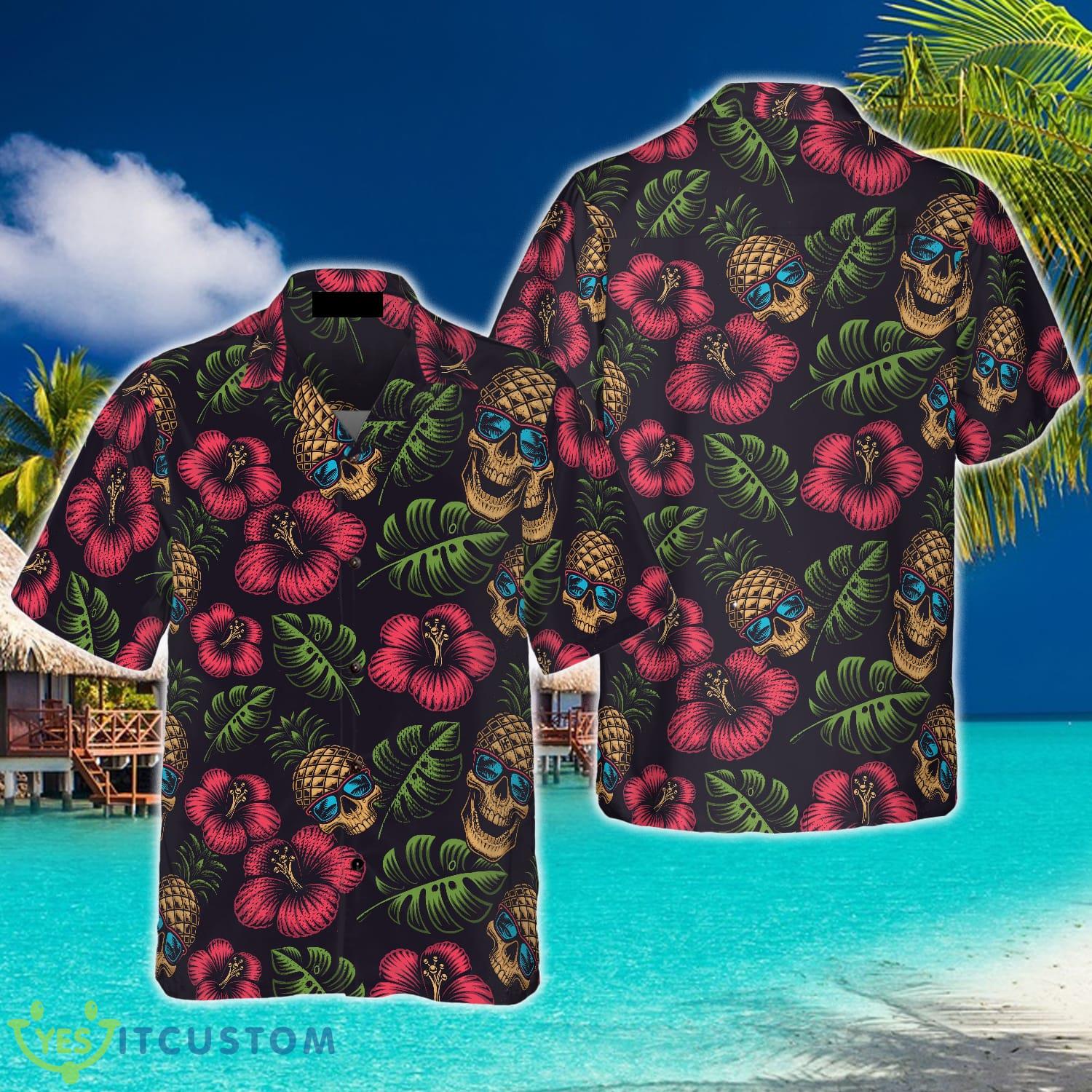 Pineapple Skull Tropical Flowers Black 3D Hawaiian Shirt Beach Summer For Men And Women Gift - Pineapple Skull Tropical Flowers Black Hawaiian Shirt_1