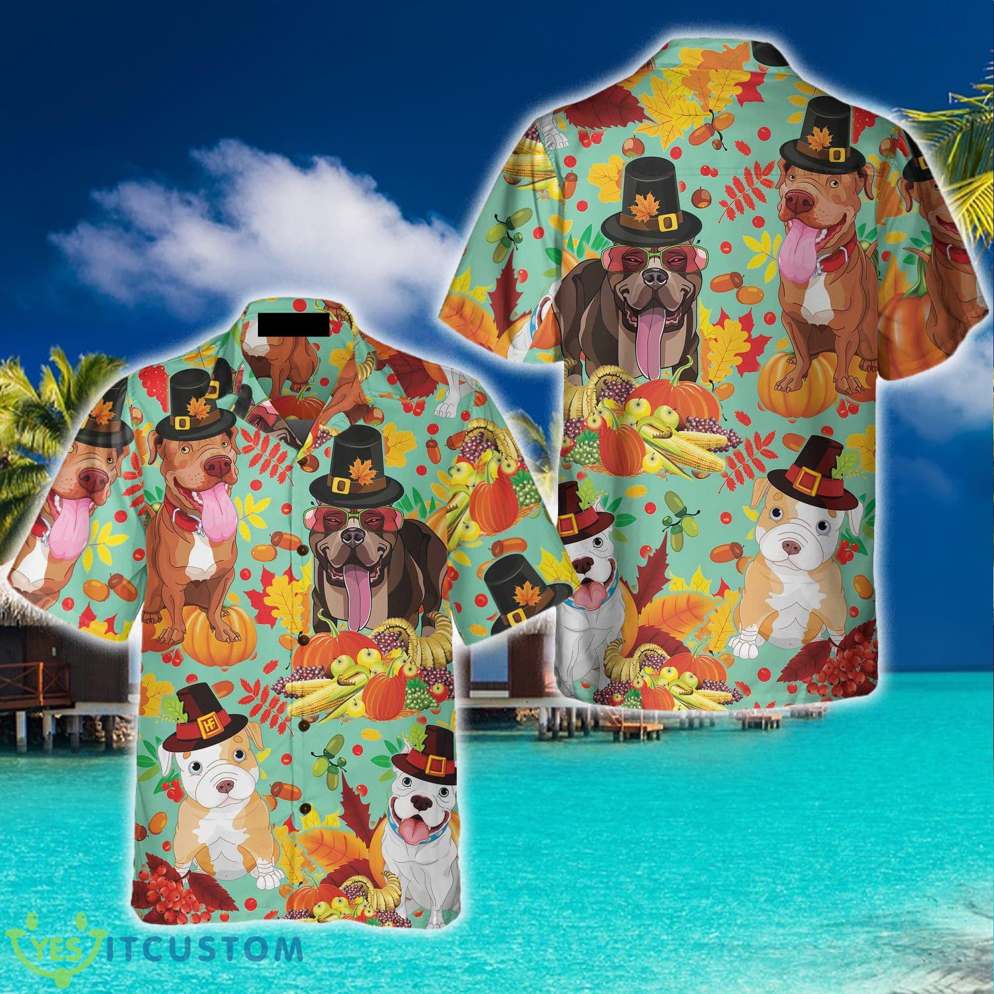 Pitbulls Dog Happy Thanksgiving 3D Hawaiian Shirt Beach Summer For Men And Women Gift - Pitbulls Dog Happy Thanksgiving Hawaiian Shirt, Funny Thanksgiving Shirt, Gift For Thanksgiving Day_1