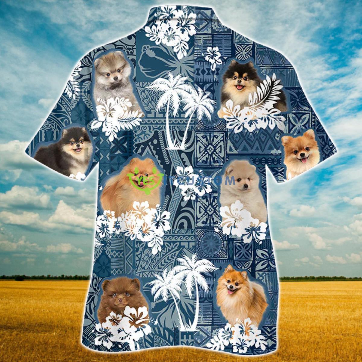 Pomeranian Hawaiian Tropical Plants Pattern Blue And White All Over Printed 3D Hawaiian Shirt Product Photo 2