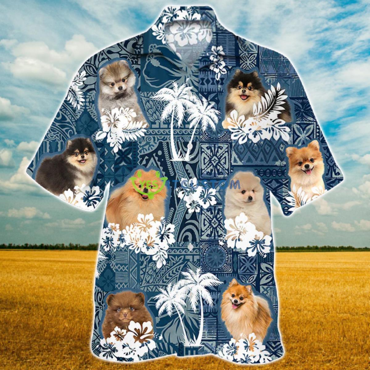 Pomeranian Hawaiian Tropical Plants Pattern Blue And White All Over Printed 3D Hawaiian Shirt Product Photo 1
