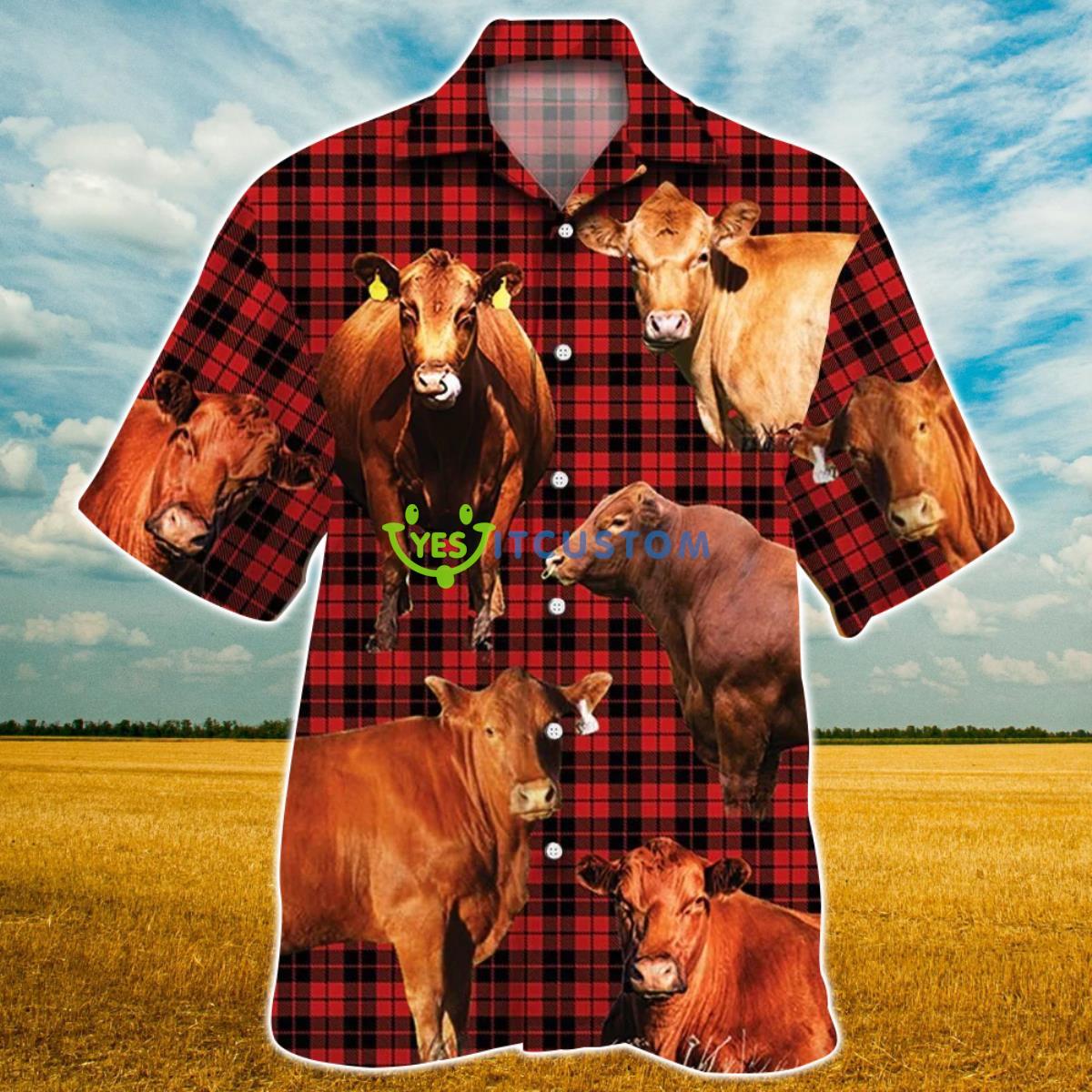 Red Angus Cattle Red Tartan Pattern All Over Printed 3D Hawaiian Shirt For Men Women Product Photo 1