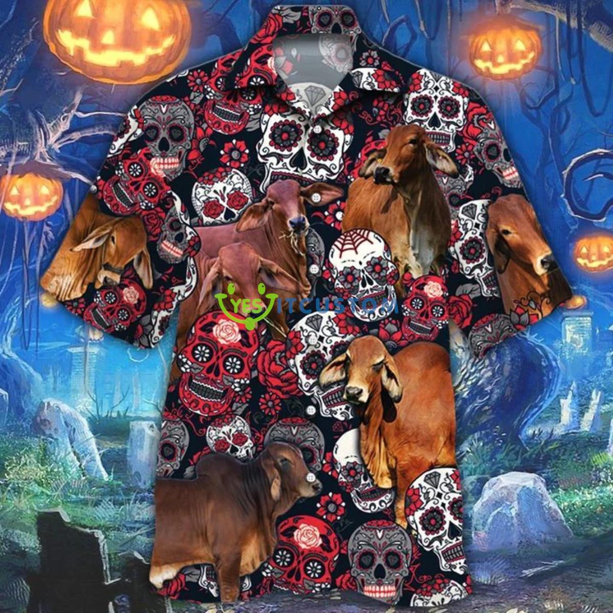 Red Brahman Cattle Lovers Sugar Skull Floral Hawaiian Shirt For Men Women Product Photo 1