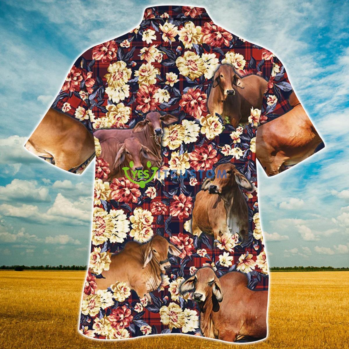 Red Brahman Cattle Red Plaid Pattern All Over Printed 3D Hawaiian Shirt For Men Women Product Photo 2