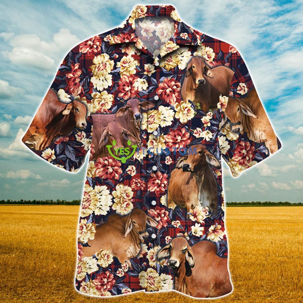 Red Brahman Cattle Red Plaid Pattern All Over Printed 3D Hawaiian Shirt For Men Women Product Photo 1