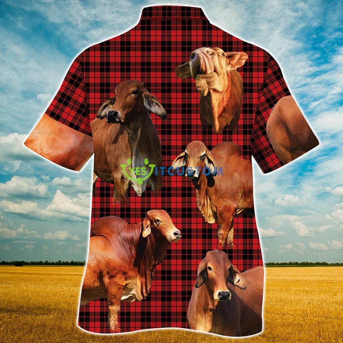 Red Brahman Cattle Red Tartan Pattern All Over Printed 3D Hawaiian Shirt For Men Women Product Photo 2