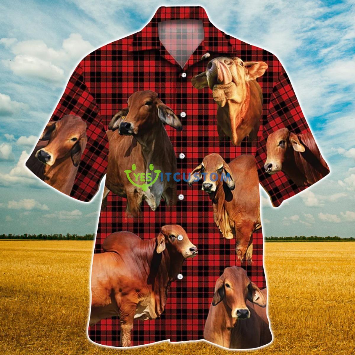 Red Brahman Cattle Red Tartan Pattern All Over Printed 3D Hawaiian Shirt For Men Women Product Photo 1