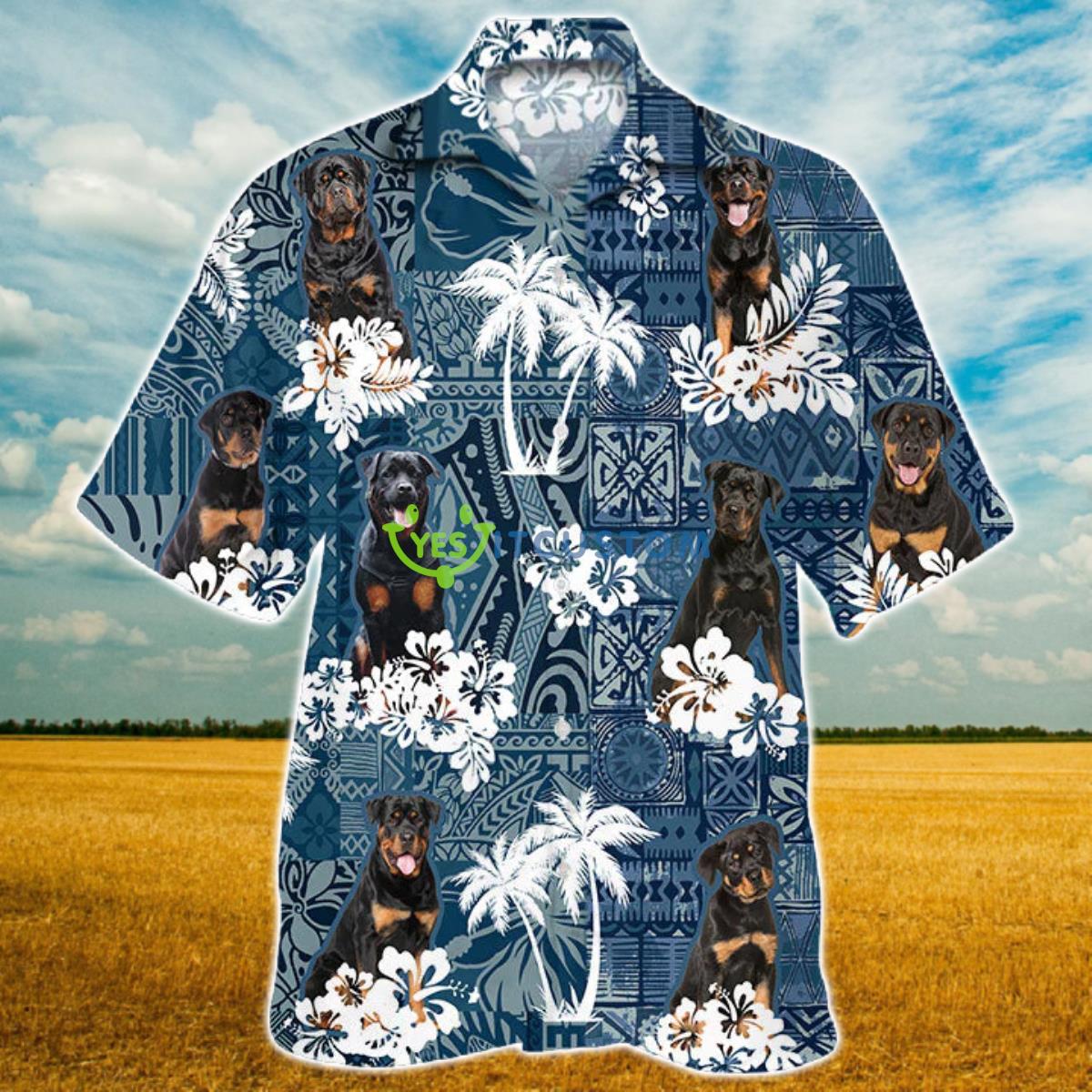 Rottweiler Hawaiian Tropical Plants Pattern Blue And White All Over Printed 3D Hawaiian Shirt Product Photo 1