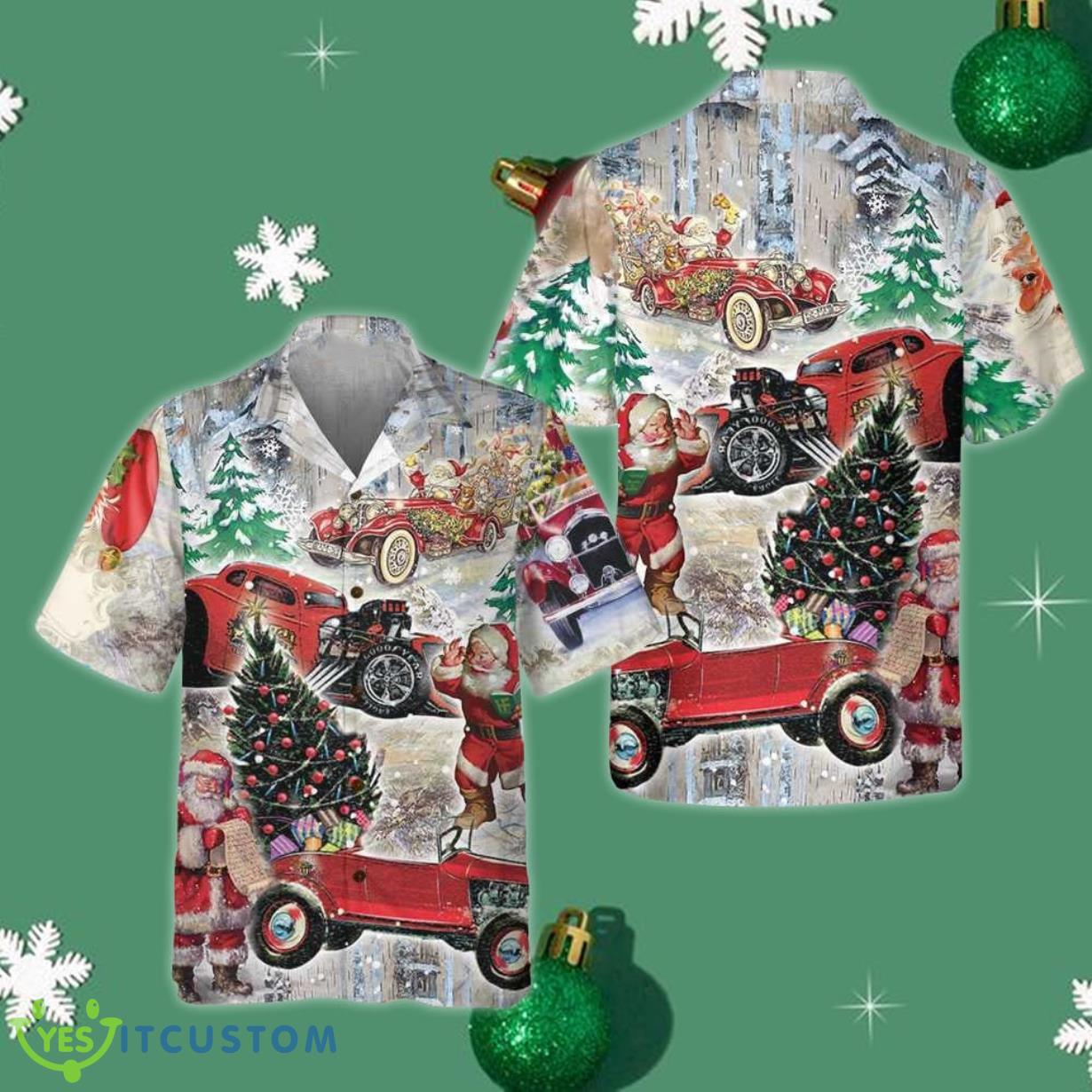 Santa Claus His Hot Rod On Christmas Hawaiian Shirt Funny Santa Hawaiian Shirt Product Photo 1