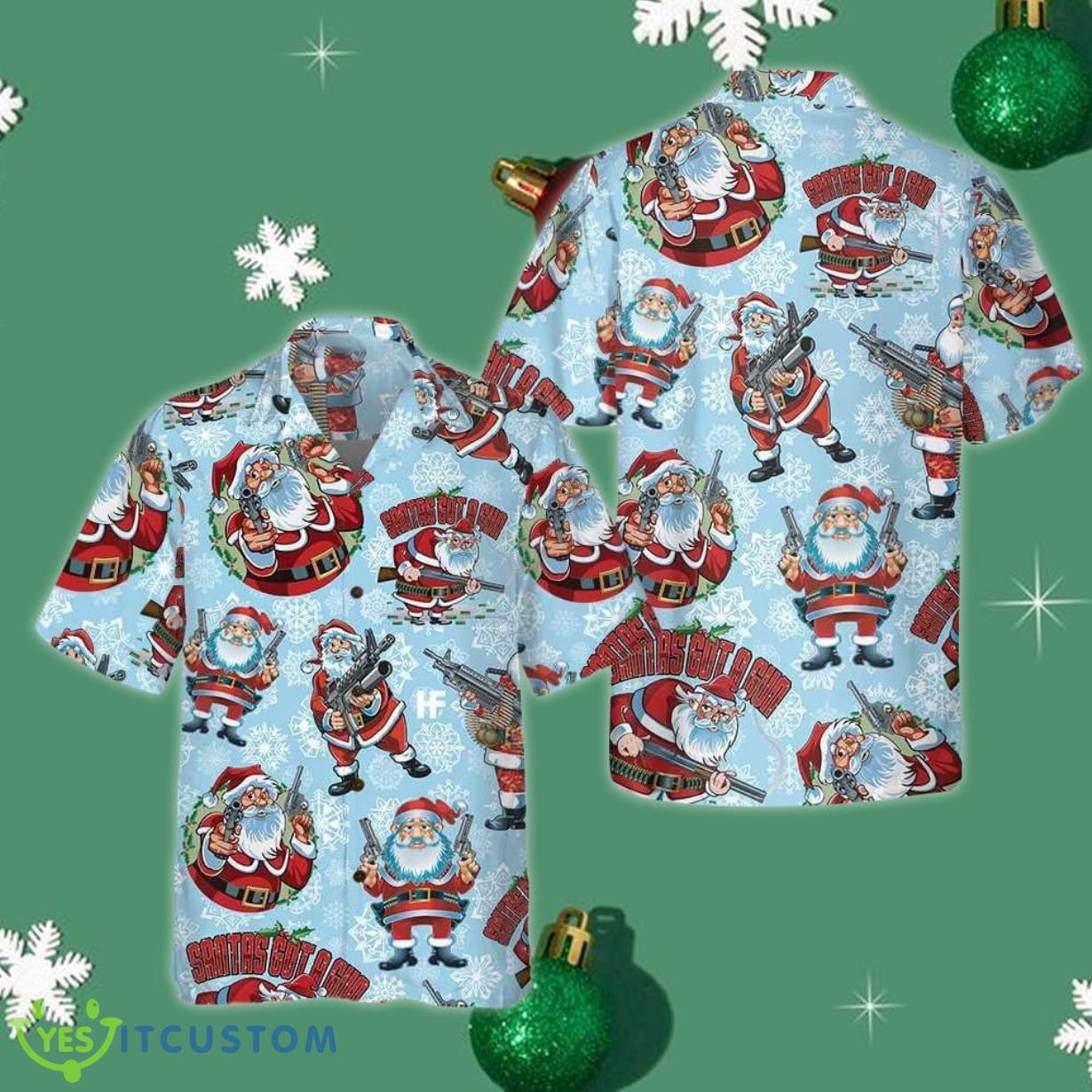 Santa Claus With Gun Christmas Hawaiian Shirt Funny Santa Button Up Shirt Gifts For Him Product Photo 1