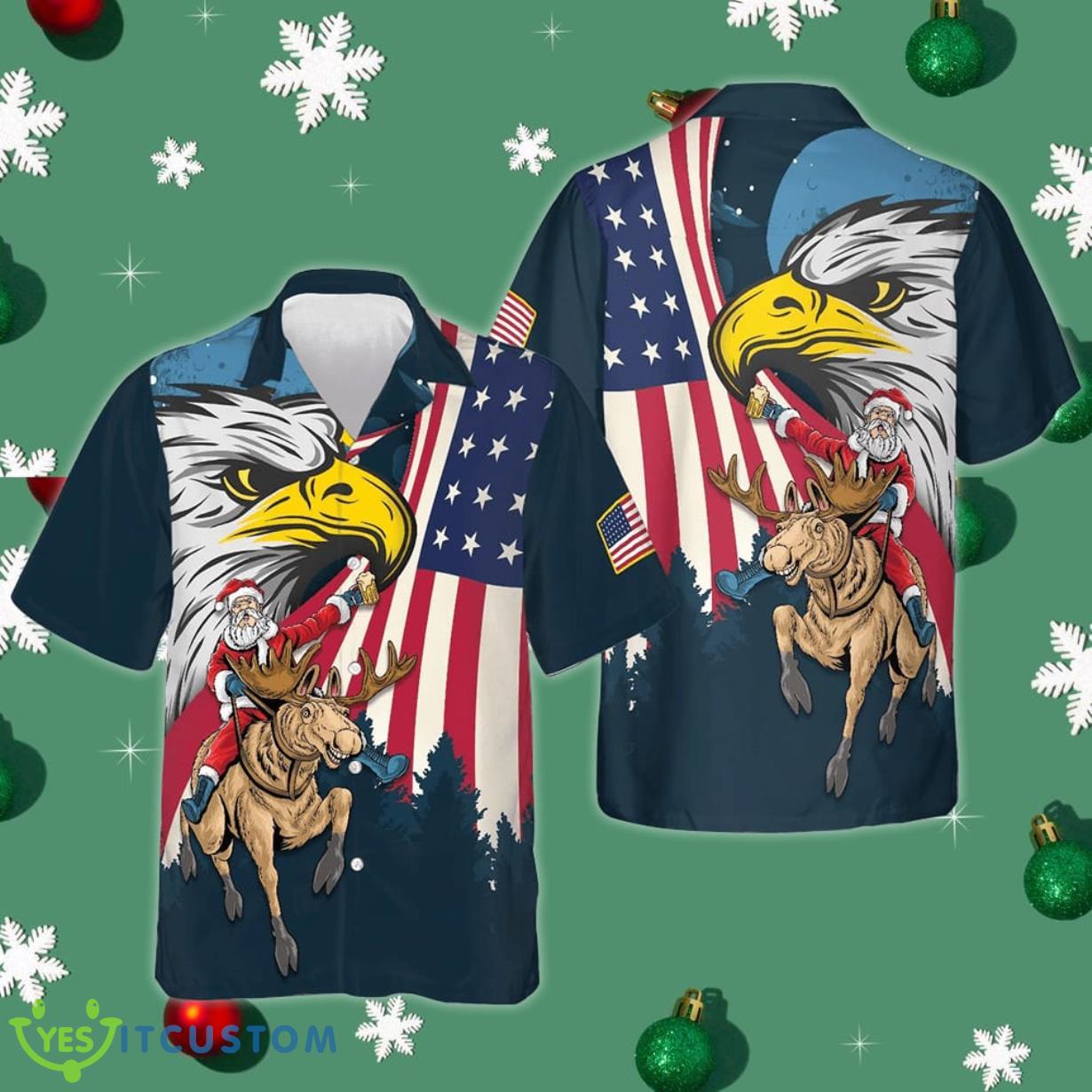 Santa Riding Reindeer Eagle With American Flag Hawaiian Shirt Mens Christmas Button Down Shirts Product Photo 1
