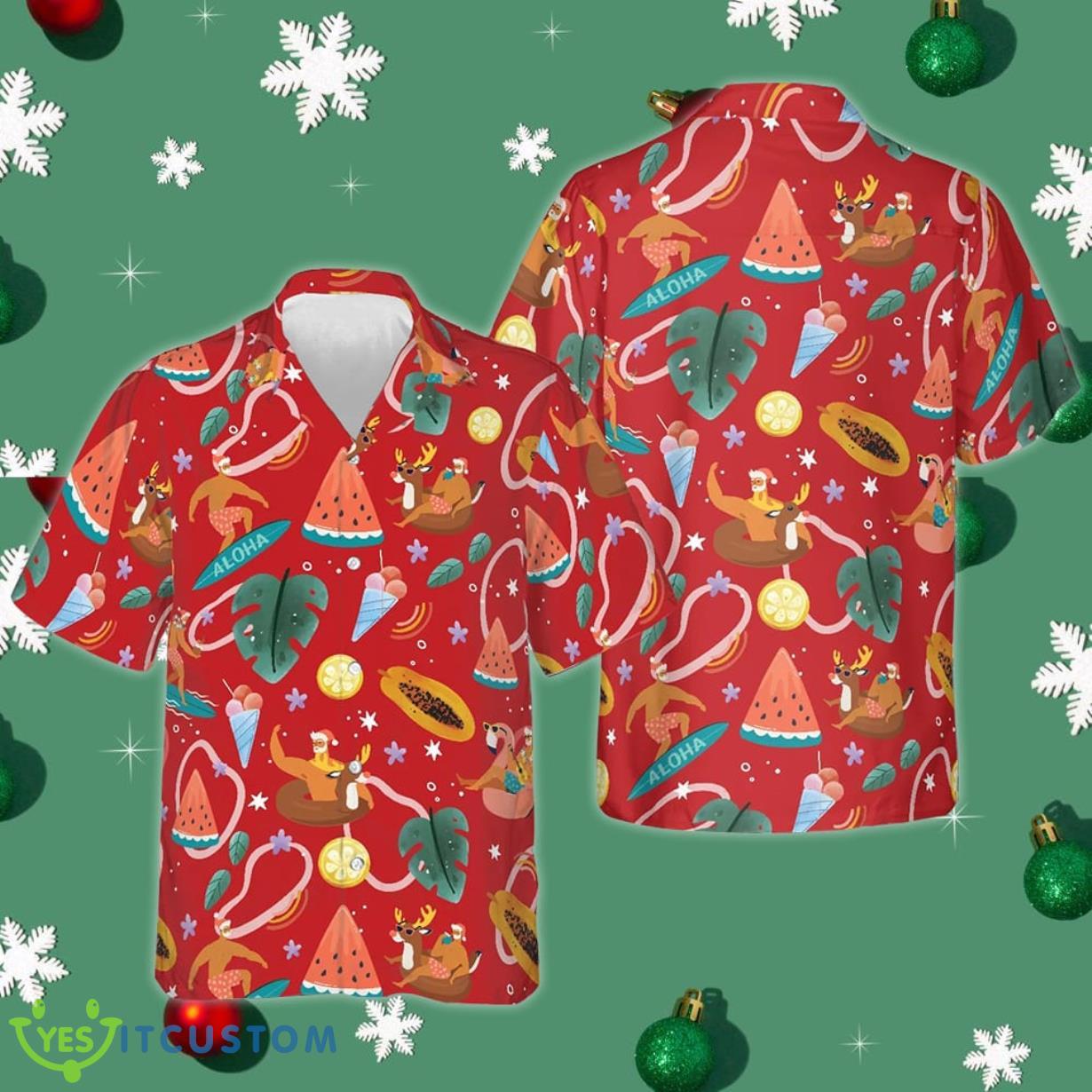 Santa Surfing Pattern Hawaiian Shirt Christmas Ideas Red Button Up Shirt Summer Themed Gifts Product Photo 1