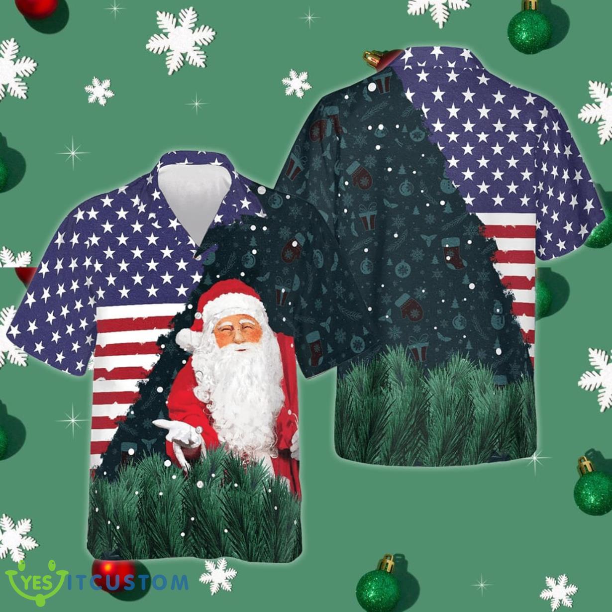 Santa USA Flag Pattern Hawaiian Shirt Happy Christmas Patriotic Button Up Shirt Gifts For Him Product Photo 1