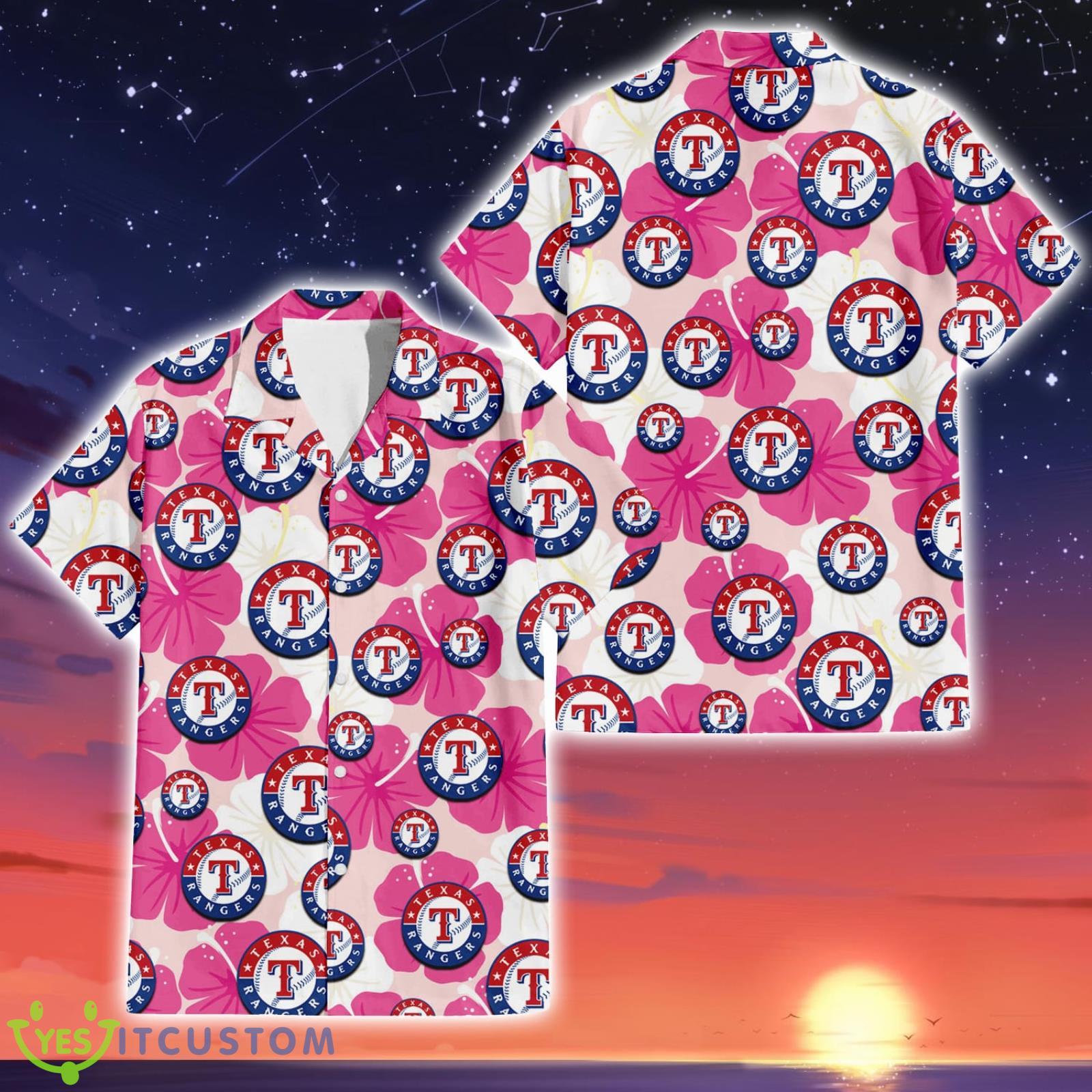 Texas Rangers Pink White Hibiscus Pattern Tropical Hawaiian Shirt Summer Gift Product Photo 1