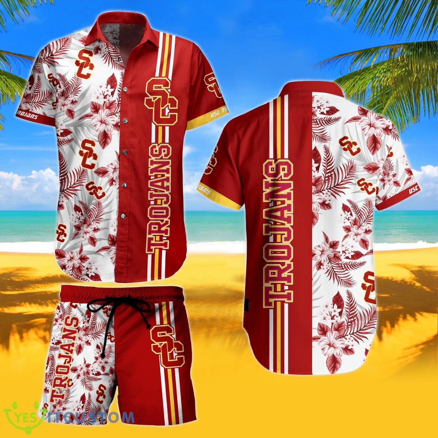 USC Trojans 3D Printed Tropical Flower Hawaiian Shirt And Shorts Product Photo 1