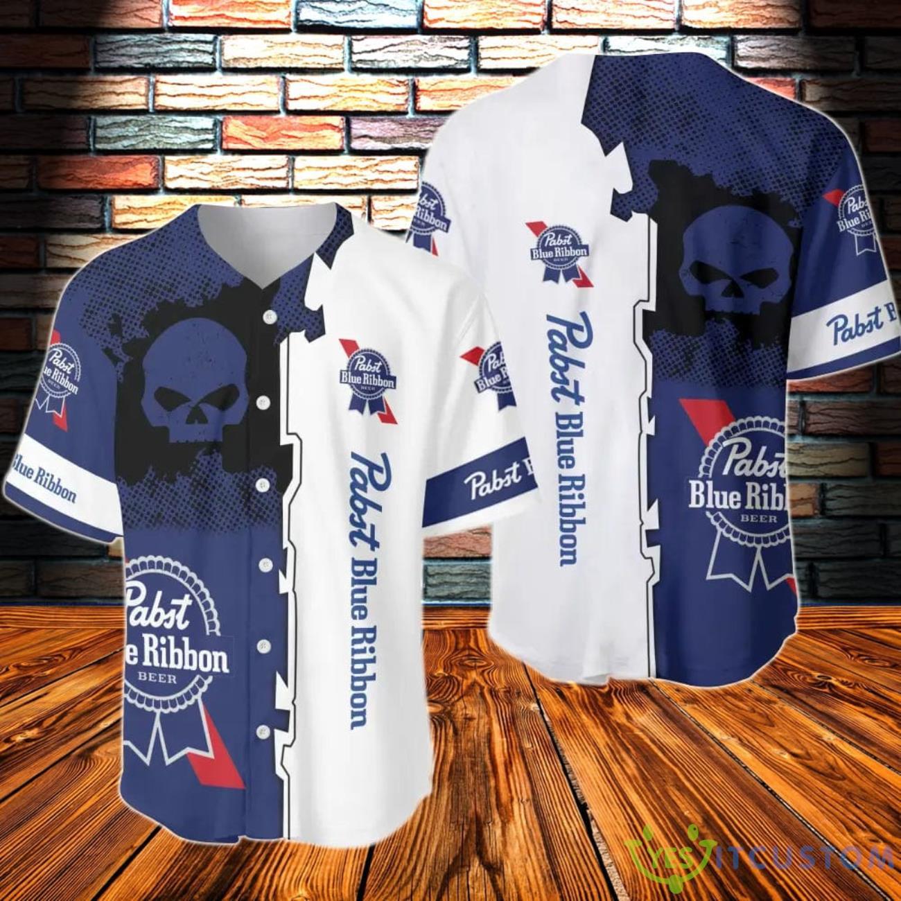 Black Skull Pabst Blue Ribbon Baseball Jersey 3 Black Skull Pabst Blue Ribbon Baseball Jersey Product Photo 1