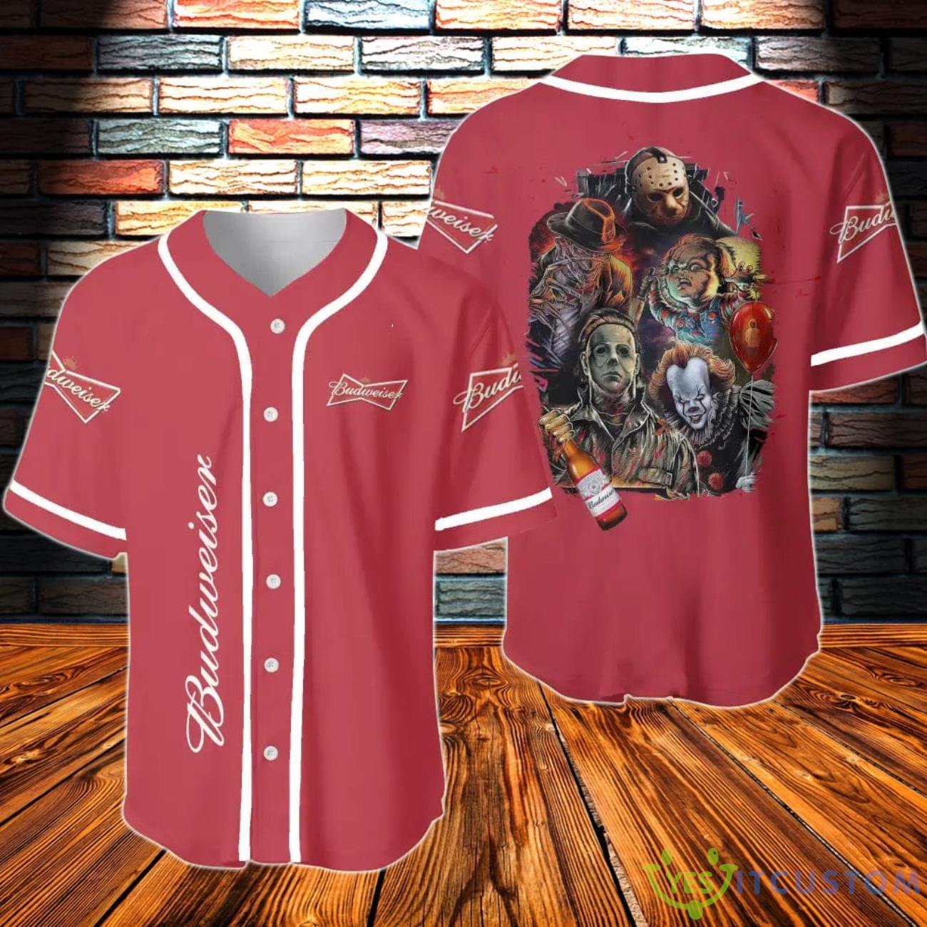 Budweiser Beer Halloween Horror Character Baseball Jersey 3 Budweiser Beer Halloween Horror Character Baseball Jersey Product Photo 1