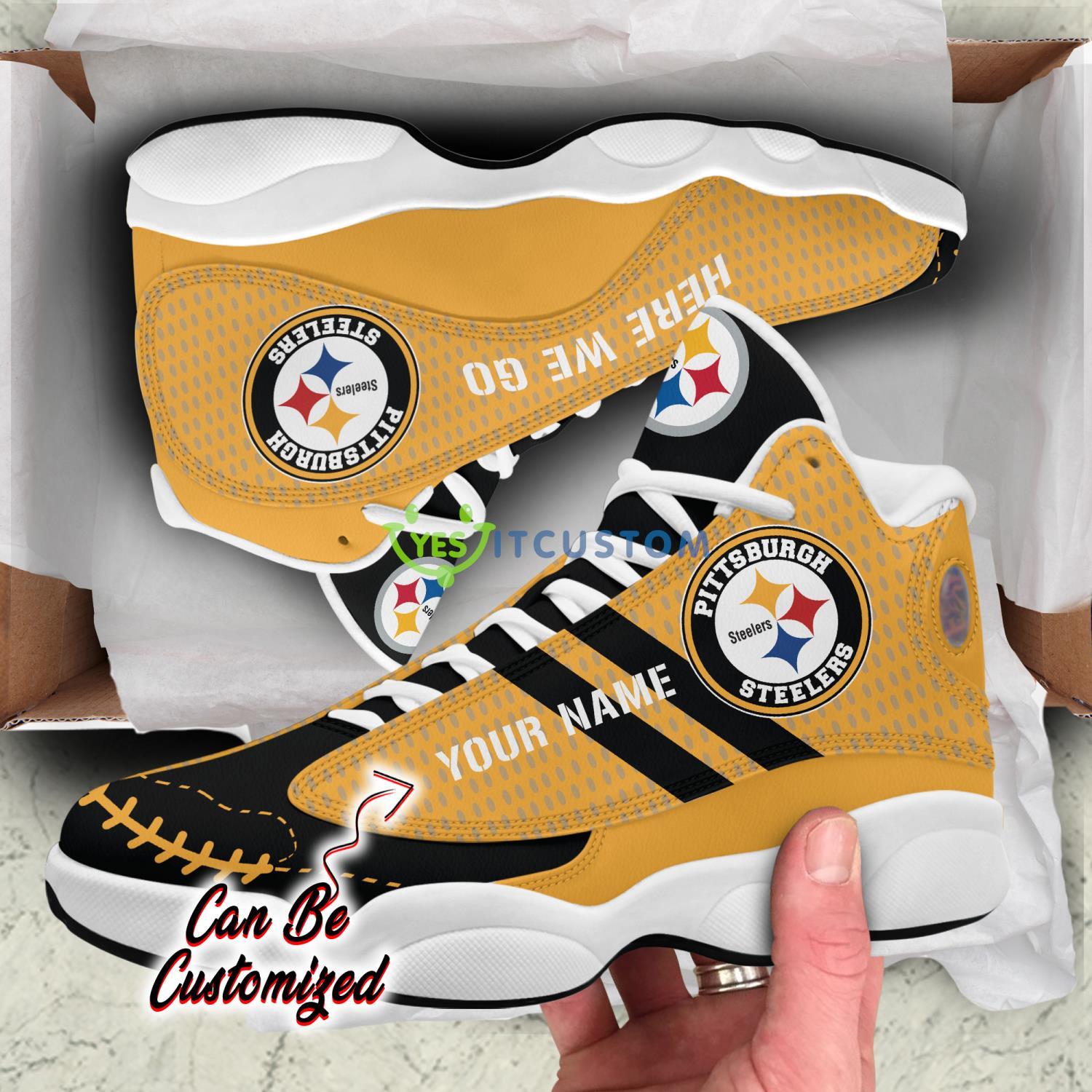Custom Name Pittsburgh Steelers Here We Go Rugby Ball Air Jordan 13 Shoes Sport Sneakers For Fans Product Photo 1
