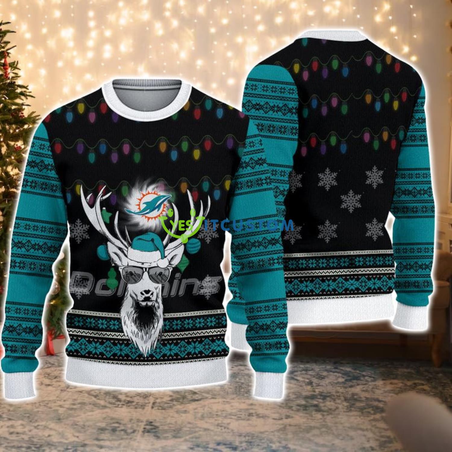 Miami Dolphins Deer Funny Christmas Gift Ugly Christmas Sweater Product Photo 1