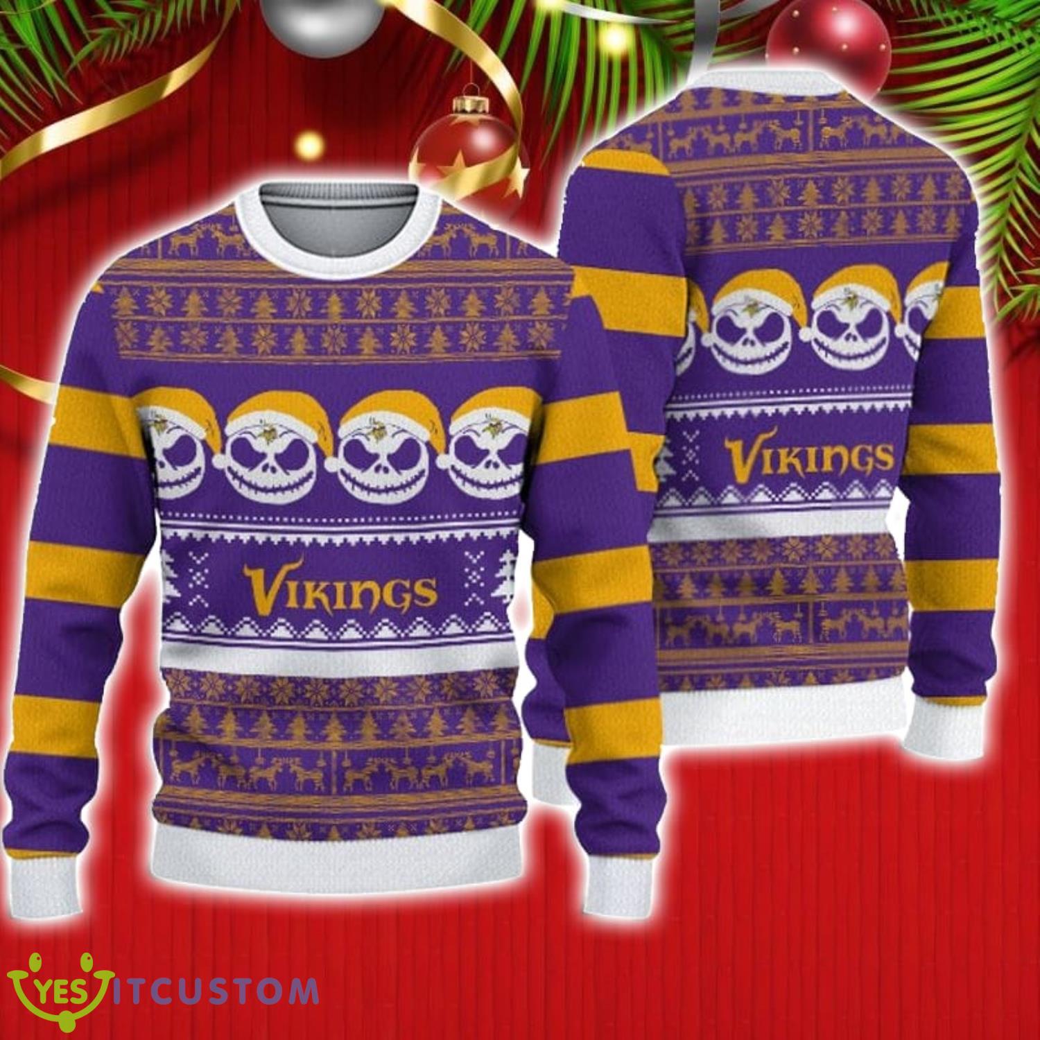 Minnesota Vikings Christmas Jack Skellington Face Pattern Ugly Christmas Sweater 3 Minnesota Vikings Christmas Jack Skellington Face Pattern Ugly Christmas Sweater Product Photo 1