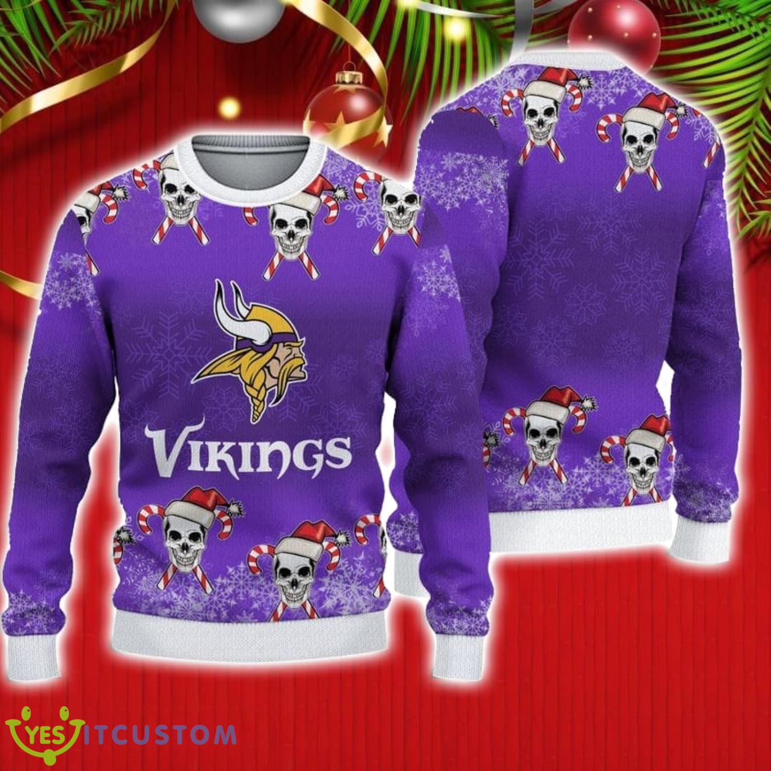 Minnesota Vikings Christmas Skull Candy Cane Pattern Ugly Christmas Sweater Christmas Gift For Family 3 Minnesota Vikings Christmas Skull Candy Cane Pattern Ugly Christmas Sweater Christmas Gift For Family Product Photo 1