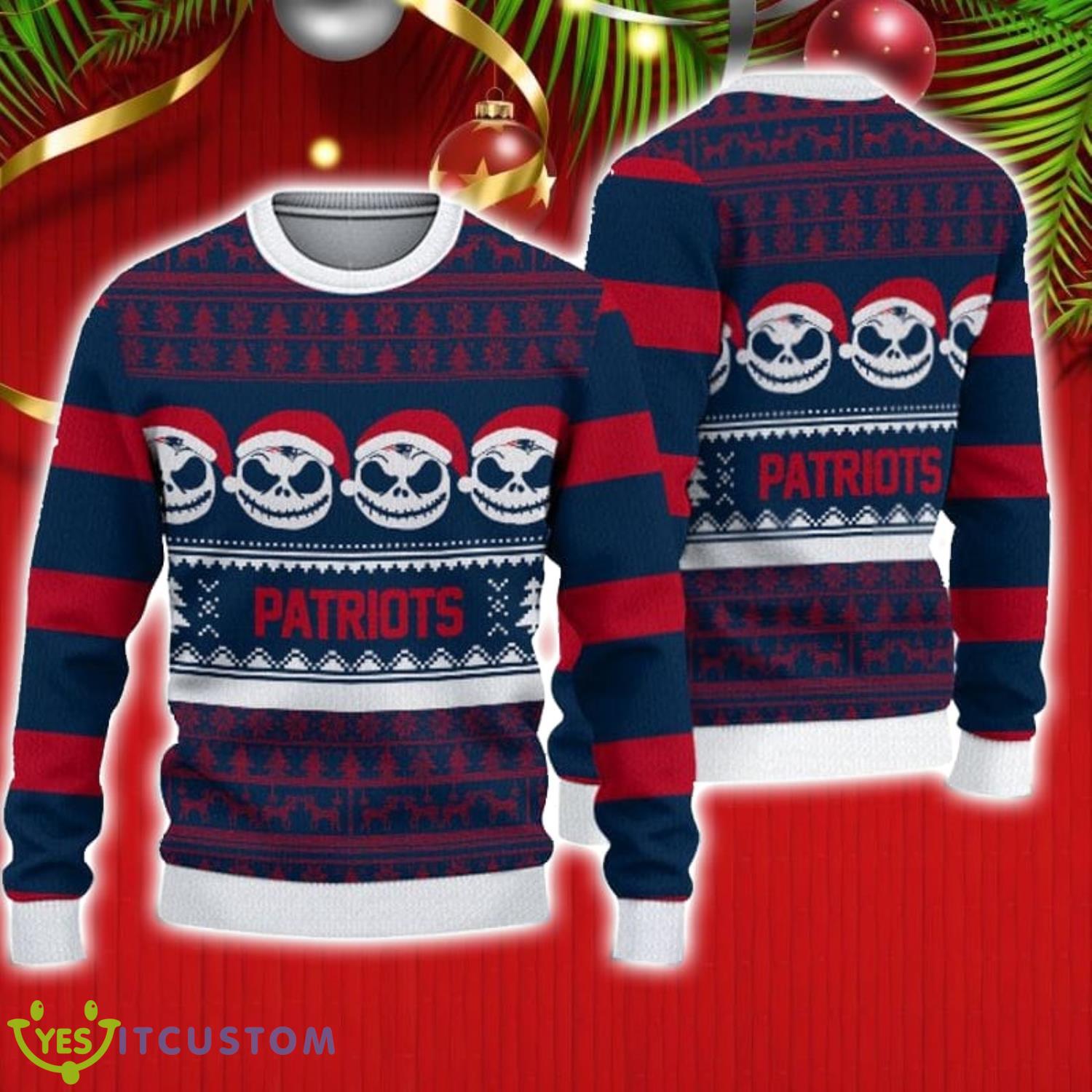 New England Patriots Christmas Jack Skellington Face Pattern Ugly Christmas Sweater 3 New England Patriots Christmas Jack Skellington Face Pattern Ugly Christmas Sweater Product Photo 1