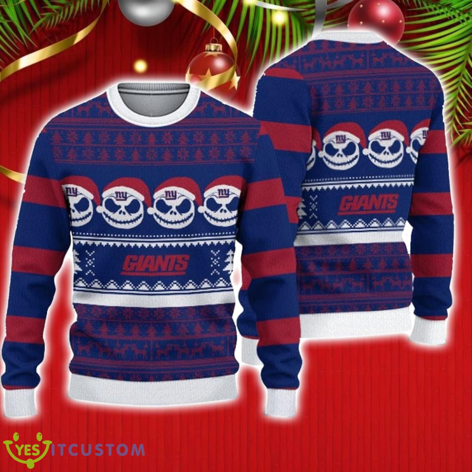 New York Giants Christmas Jack Skellington Face Pattern Ugly Christmas Sweater 3 New York Giants Christmas Jack Skellington Face Pattern Ugly Christmas Sweater Product Photo 1