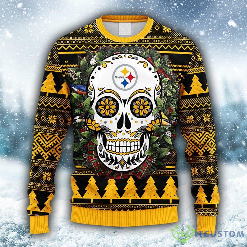 NFL Pittsburgh Steelers Skull Flower Ugly 3D Sweater For Men And Women Gift Ugly Christmas - NFL Pittsburgh Steelers Skull Flower Ugly Christmas Ugly Sweater_1