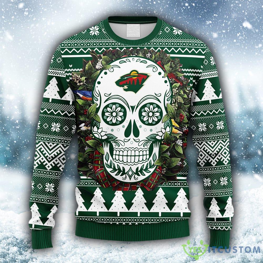 NHL Minnesota Wild Skull Flower Ugly 3D Sweater For Men And Women Gift Ugly Christmas - NHL Minnesota Wild Skull Flower Ugly Christmas Ugly Sweater_1