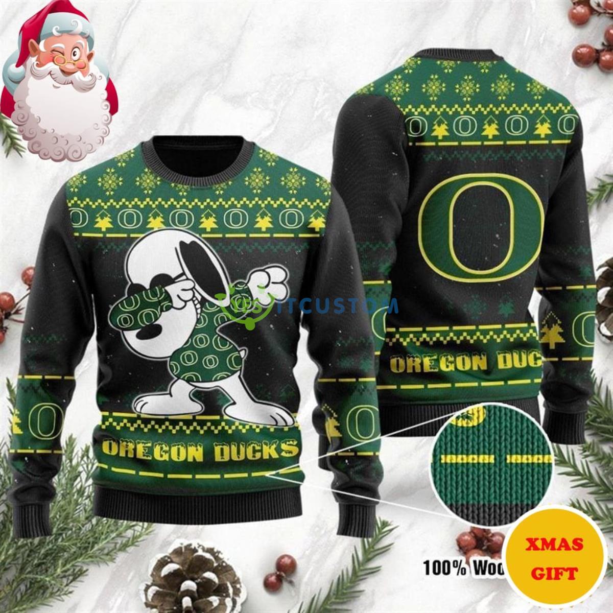 Oregon Ducks Snoopy Dabbing Christmas AOP Sweater 3 Oregon Ducks Snoopy Dabbing Christmas AOP Sweater Product Photo 1