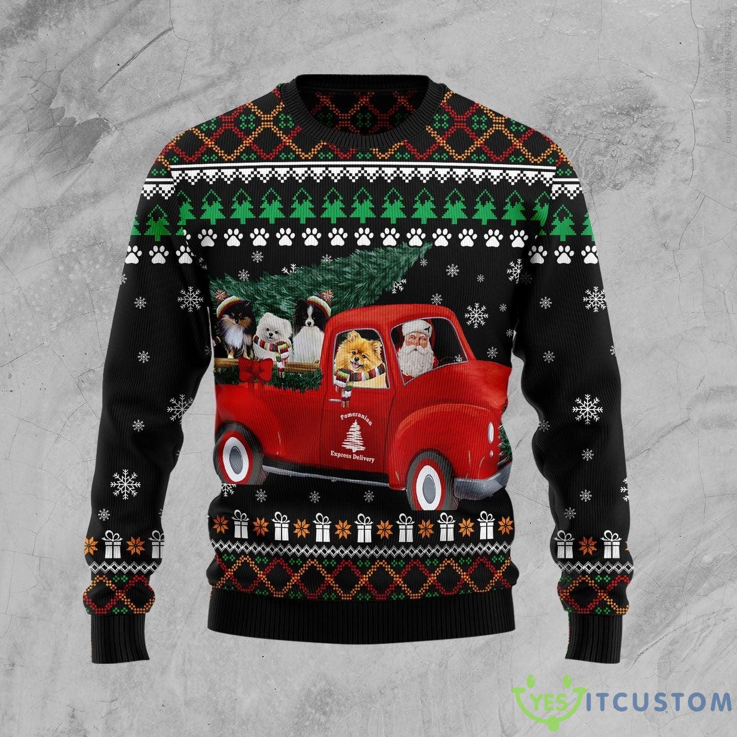 Pomeranian and Red Truck Ugly Christmas Sweater Gift Men Women - Pomeranian and Red Truck Ugly Christmas Sweater Gift Men Women_1