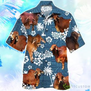 Red Brahman Cattle Blue Tribal Hawaiian Shirt For Men Women Product Photo 1