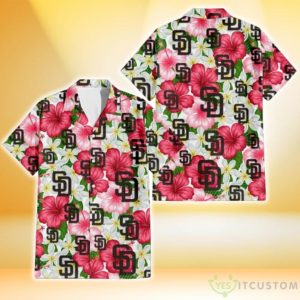 San Diego Padres White Porcelain Flower Pink Hibiscus White Background 3D Hawaiian Shirt Gift For Fans Product Photo 1