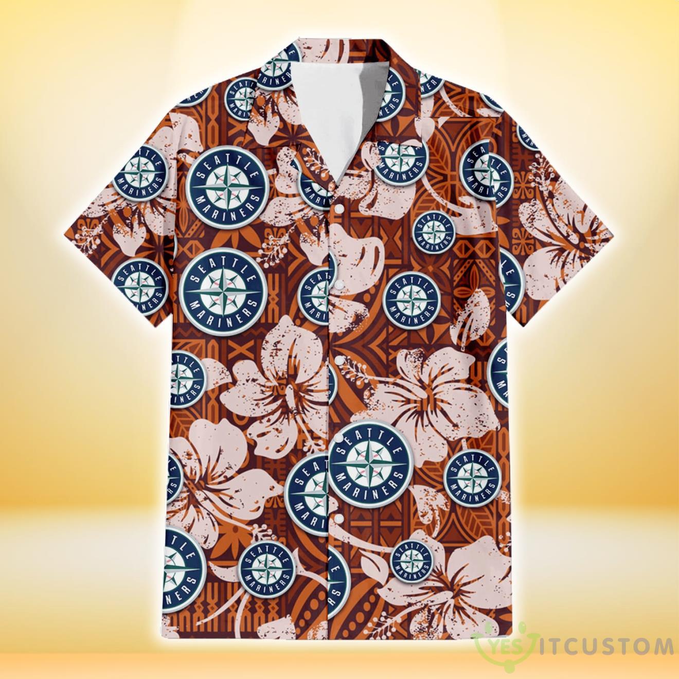 Seattle Mariners Bisque Hibiscus Brown Pattern 3D Hawaiian Shirt Gift For Fans 7 Seattle Mariners Bisque Hibiscus Brown Pattern 3D Hawaiian Shirt Gift For Fans Product Photo 2