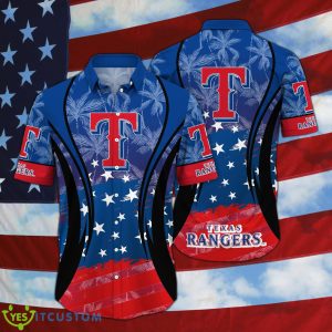 Texas Rangers MLB Flag US Background Hawaiian Shirt For Men And Women - Texas Rangers MLB Flag US Background Hawaiian Shirt For Men And Women Photo 2
