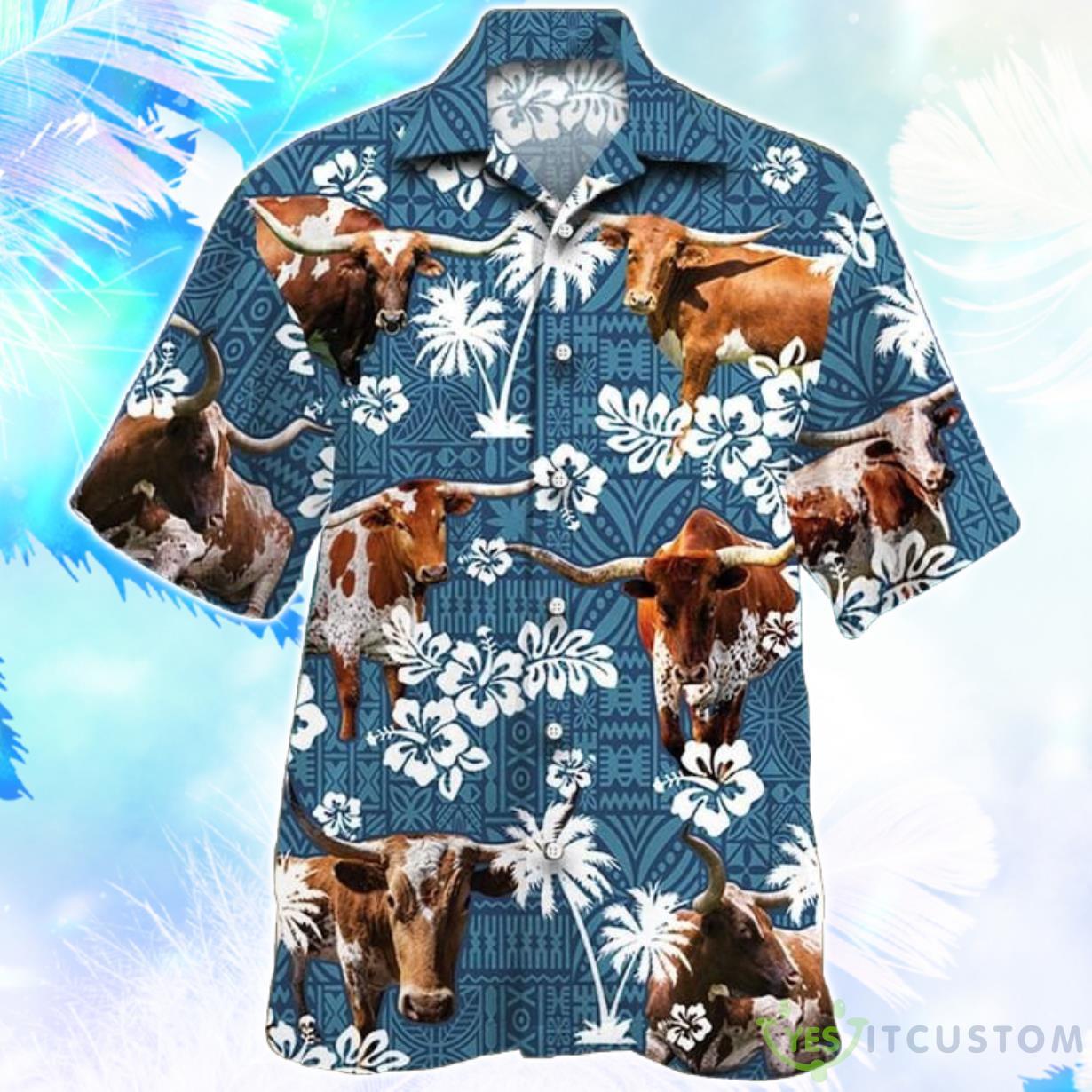 TX Longhorn Cattle Blue Tribal Hawaiian Shirt For Men Women 4 TX Longhorn Cattle Blue Tribal Hawaiian Shirt For Men Women Product Photo 1