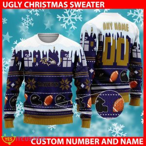 Baltimore Ravens Graphics NFL Flowing Milk Ugly Xmas Sweater Custom Number And Name - Baltimore Ravens v2 NFL Knitted Sweater Photo 1