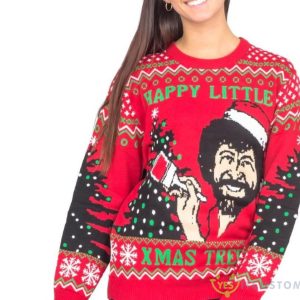 Bob Ross Happy Little Xmas Trees AOP Christmas Sweater 4 Bob Ross Happy Little Xmas Trees AOP Christmas Sweater Product Photo 2