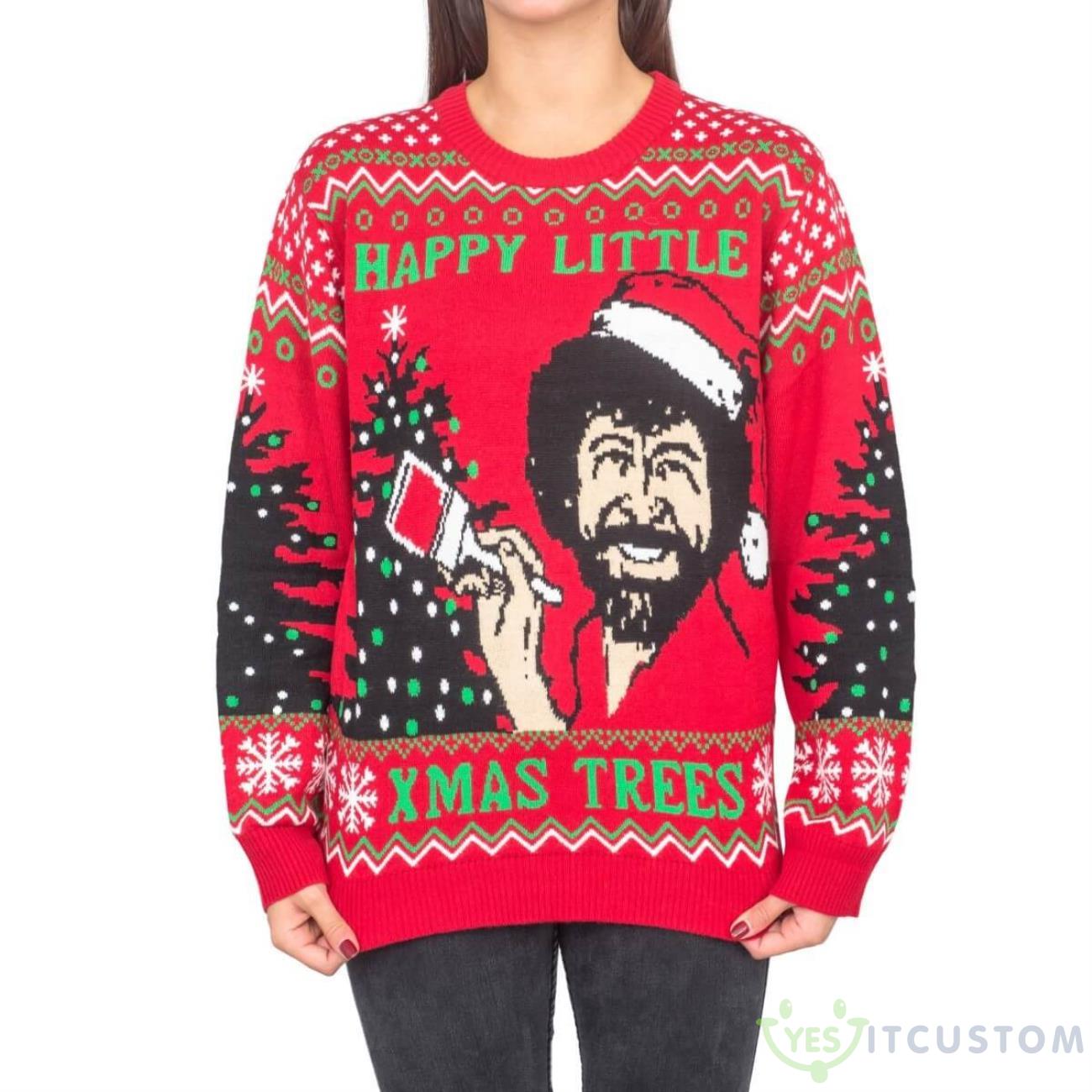 Bob Ross Happy Little Xmas Trees AOP Christmas Sweater 7 Bob Ross Happy Little Xmas Trees AOP Christmas Sweater Product Photo 1