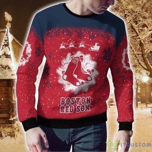 Boston Red Sox Santa sleigh driving reindeer Pattern Ugly Christmas Sweater Product Photo 2