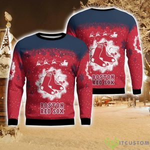 Boston Red Sox Santa sleigh driving reindeer Pattern Ugly Christmas Sweater Product Photo 1