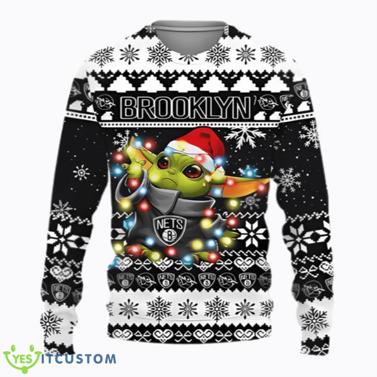 Brooklyn Nets Baby Yoda Star Wars Ugly Christmas Sweater 3 Brooklyn Nets Baby Yoda Star Wars Ugly Christmas Sweater Product Photo 1